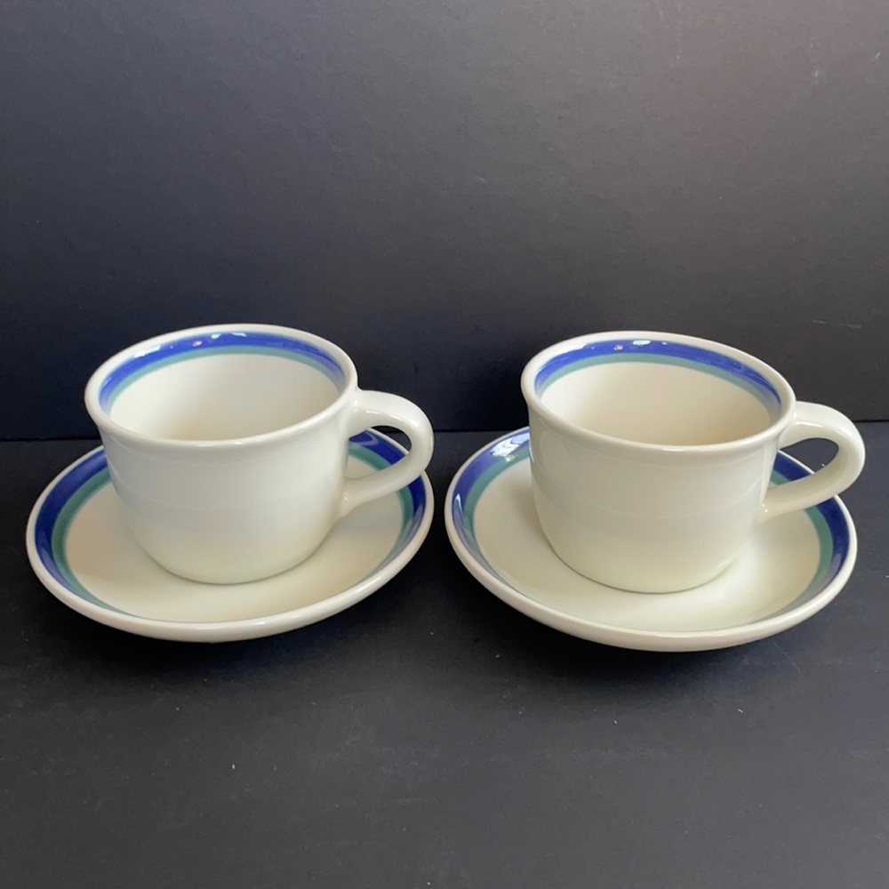 Set of 2 Pfaltzgraff Cup and Saucer Sets Green Blue Band Stoneware Tea Coffee